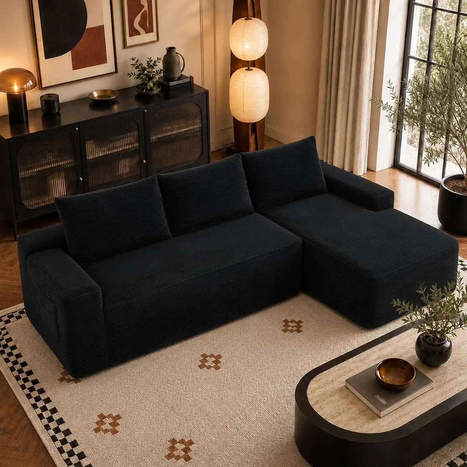 Black 96.9 Inch Left Chaise Sectional Sofa, Boneless Corduroy Cloud Couch with Spring Coils & High-Resilience Foam,, Customized