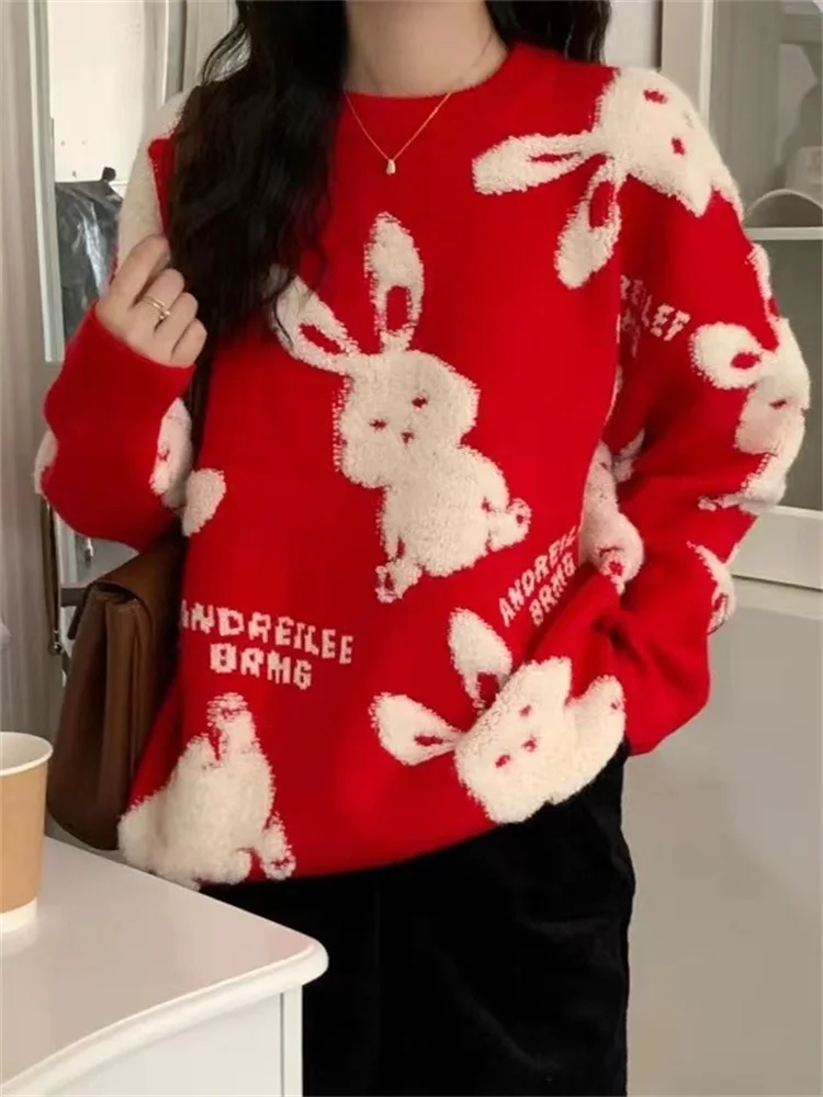 

Hsa Korean Fashion Winter Clothes Women O neck Loose Black Red Rabbit Sweater Knitted Pullovers Loose Fleeced Warm Sweater Tops