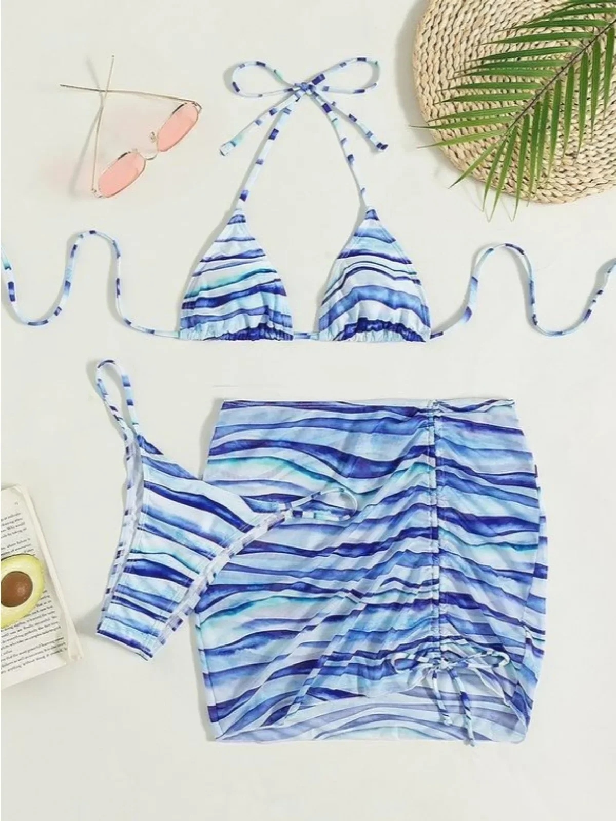 Sexy Striped Print 3 Piece Swimsuit for Women High Waist Drawstring Pleated Skirt Bikini Set Sexy Thong Halter Beach Swimwear