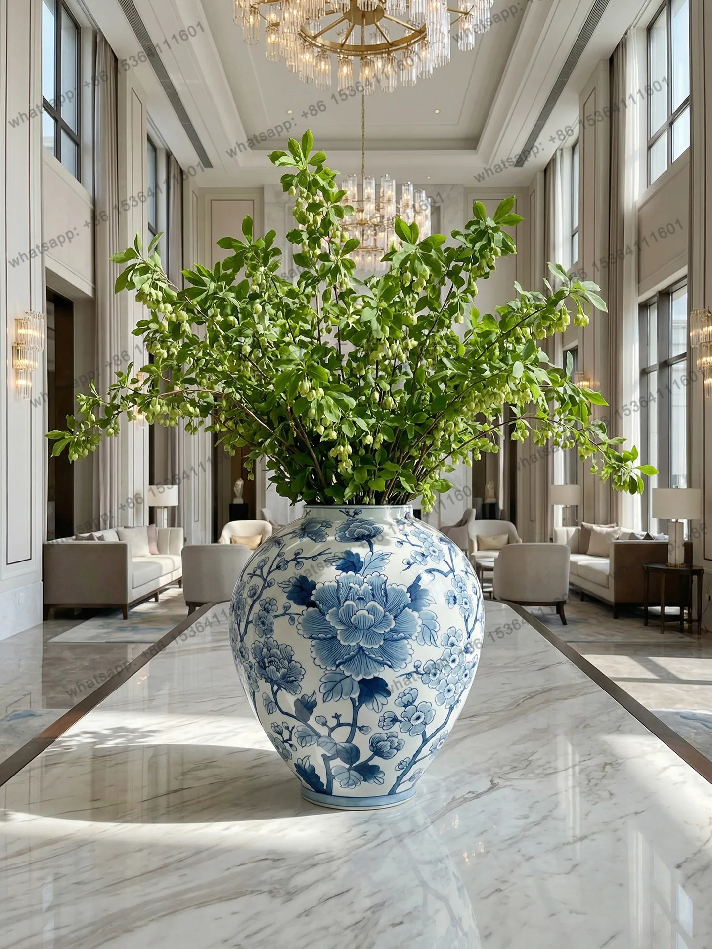 style living room blue and white porcelain big belly vase ceramic underglaze color hotel lobby decorative bottle ornament