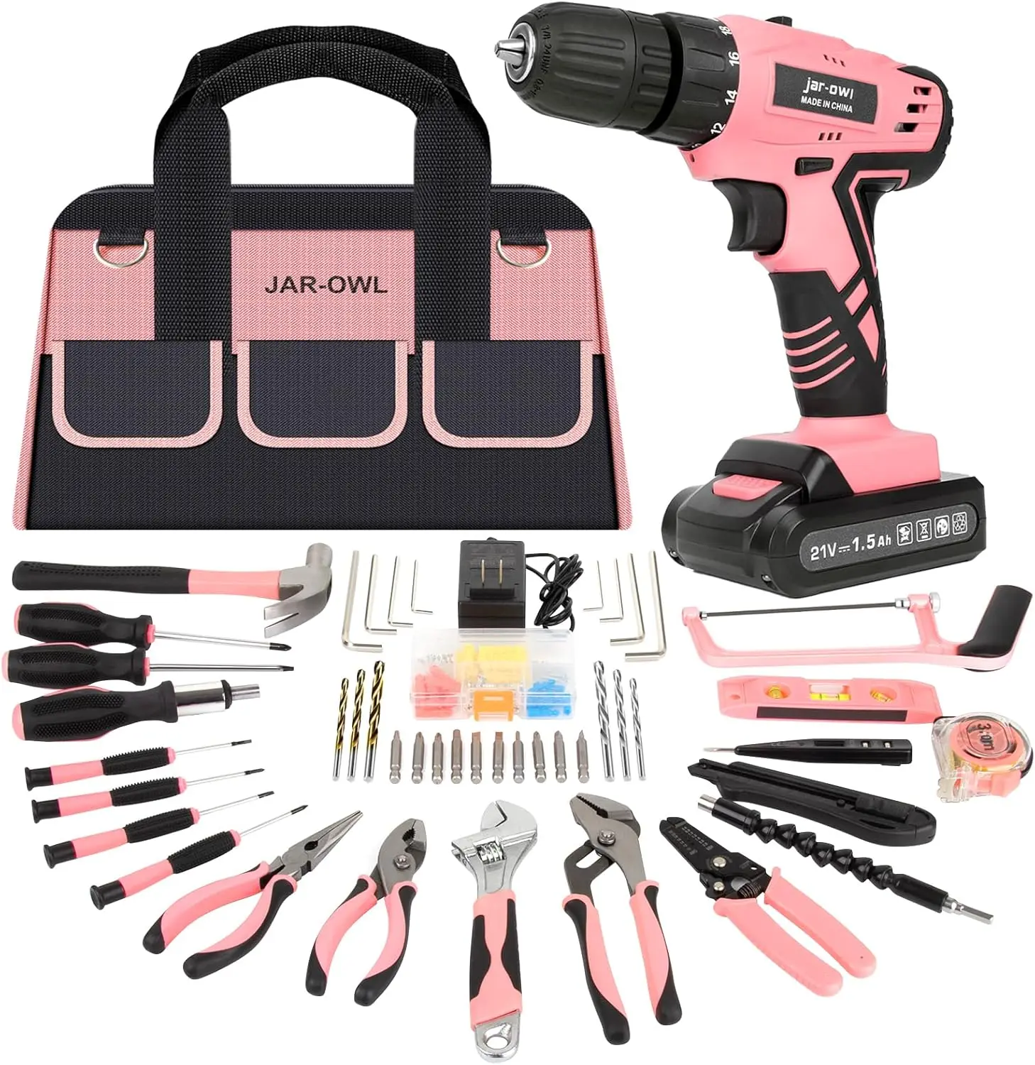 Jar-Owl 21V Pink Drill Set Tool Kit Set Power Drill For Women Diy With Storage Bag Tool Box,350 In-Lb Torque, 0-1350Rmp