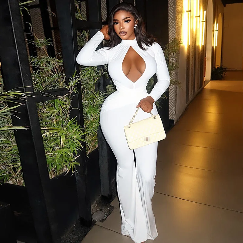 

Стильный женский элегантный комбинезон-боди с вырезами, весна 2026, с длинным рукавом, воротником-стойкой, облегающий, с широкими штанинами, цельный ромпер