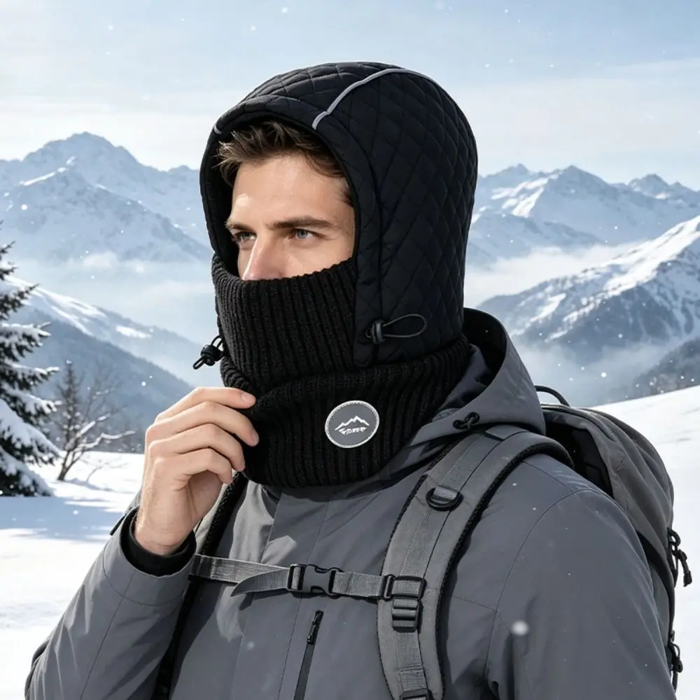 Thick Lined Balaclava Hat Mask Knit Ear Cover Design Winter Hooded Cap Neck Scarf Integration Unisex Fit