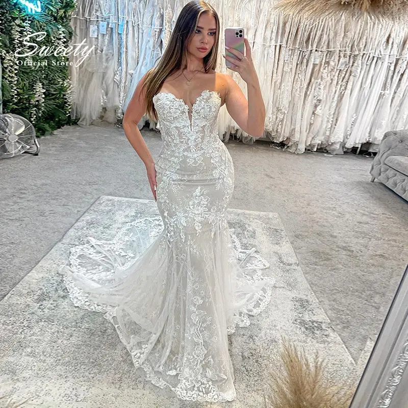 

Vintage Mermaid Wedding Dress Organza With Embroidery Sweetheart Strapless Sleeveless Bride Customized Button Vestido De Novia