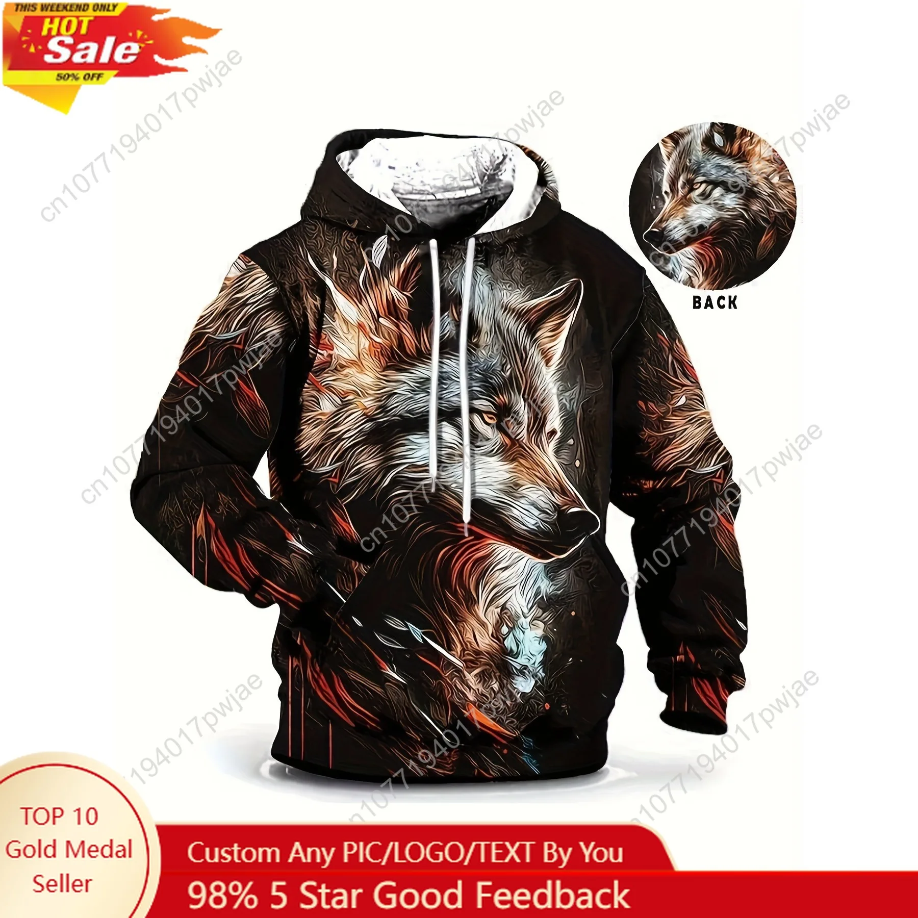 Herren-Kapuzenpullover in Übergröße mit lebendigem Wolf-Gesicht und Digitaldruck – sportliches Polyester-Sweatshirt, maschinenwaschbar, verstellbares Kordelzug