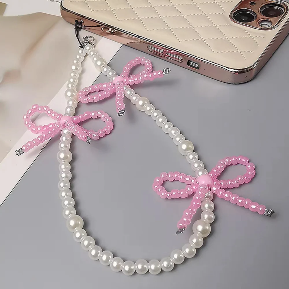 Y2K Bow Pearl Phone Chain Strap Charm Chain Knot Cellphone Lanyard Keychain Woman Girl Bag Camera Pendant For Airpods Case