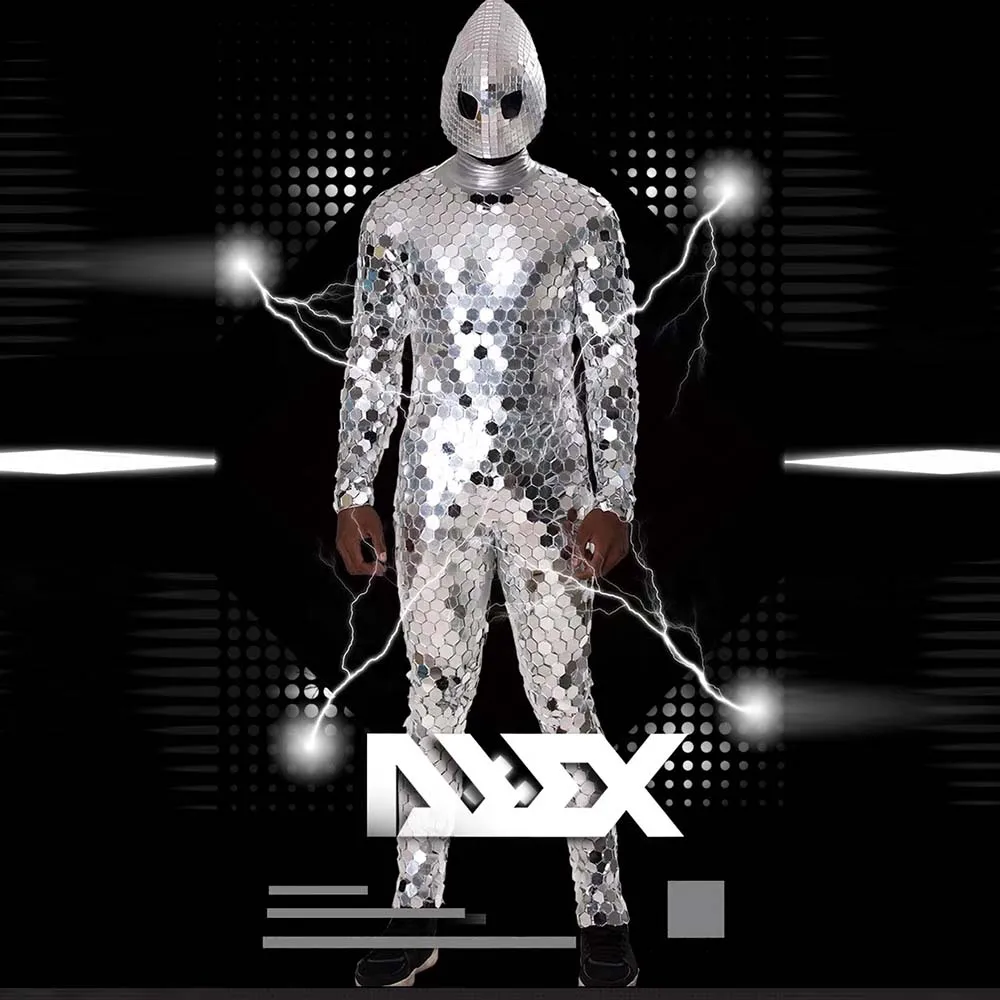 

New Mirror COS server DJ nightclub gogo party space alien performance suit mask personalized styling jumpsuit men's