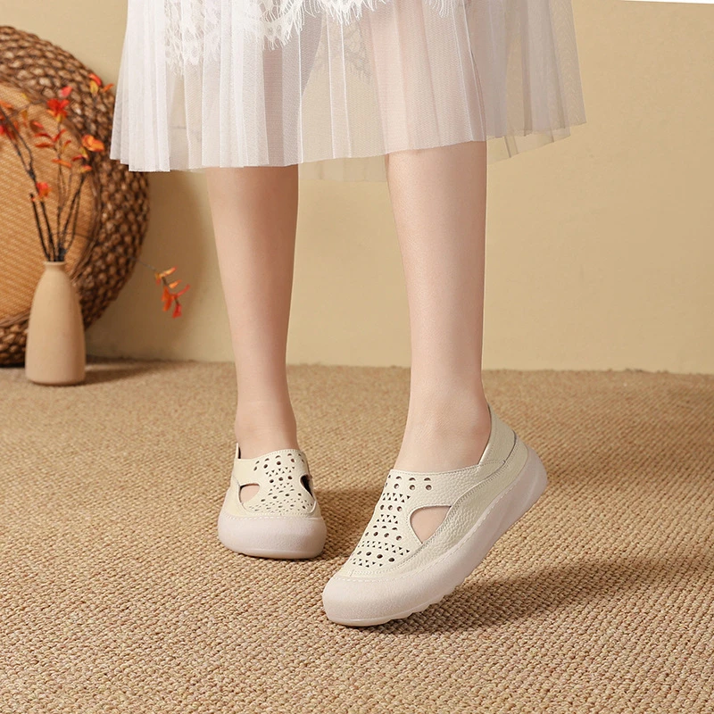 Mori Girl Perforierte Schuhe aus echtem Leder für Damen, faltbare Ballerinas mit Ausschnitt, klobige Loafer, gewellte, atmungsaktive Mokassins – Detail 6