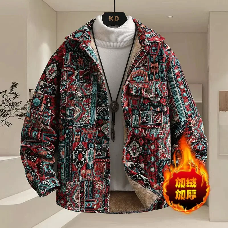 

Зимняя модная трендовая толстая теплая куртка с принтом и плюшем для мужчин, повседневная свободная спортивная куртка в стиле ретро, высококачественная куртка больших размеров