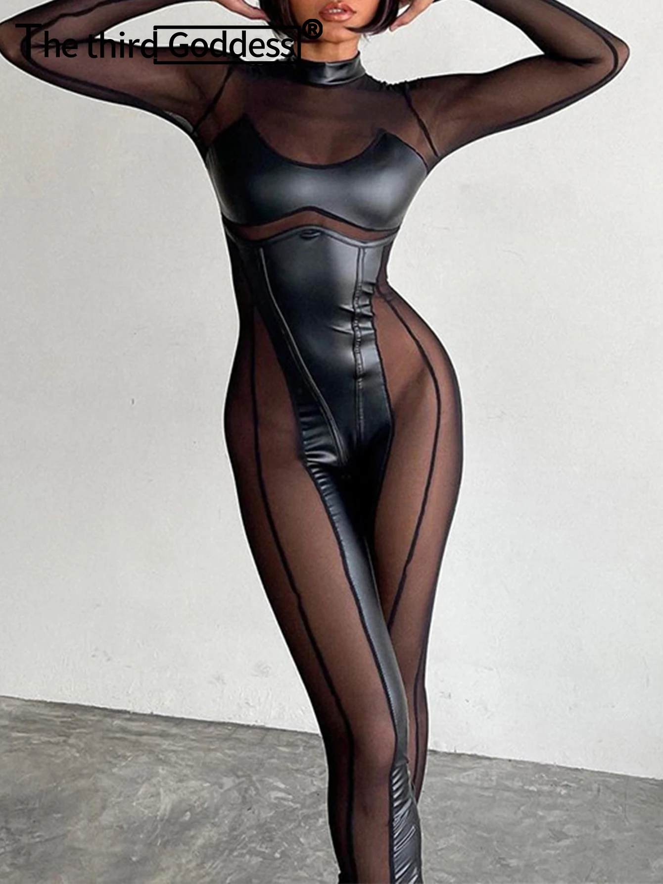 Sexy See Through black PU mesh jumpsuit women 2024 summer Party night club outfits body leather jumpsuits woman bodysuit romper