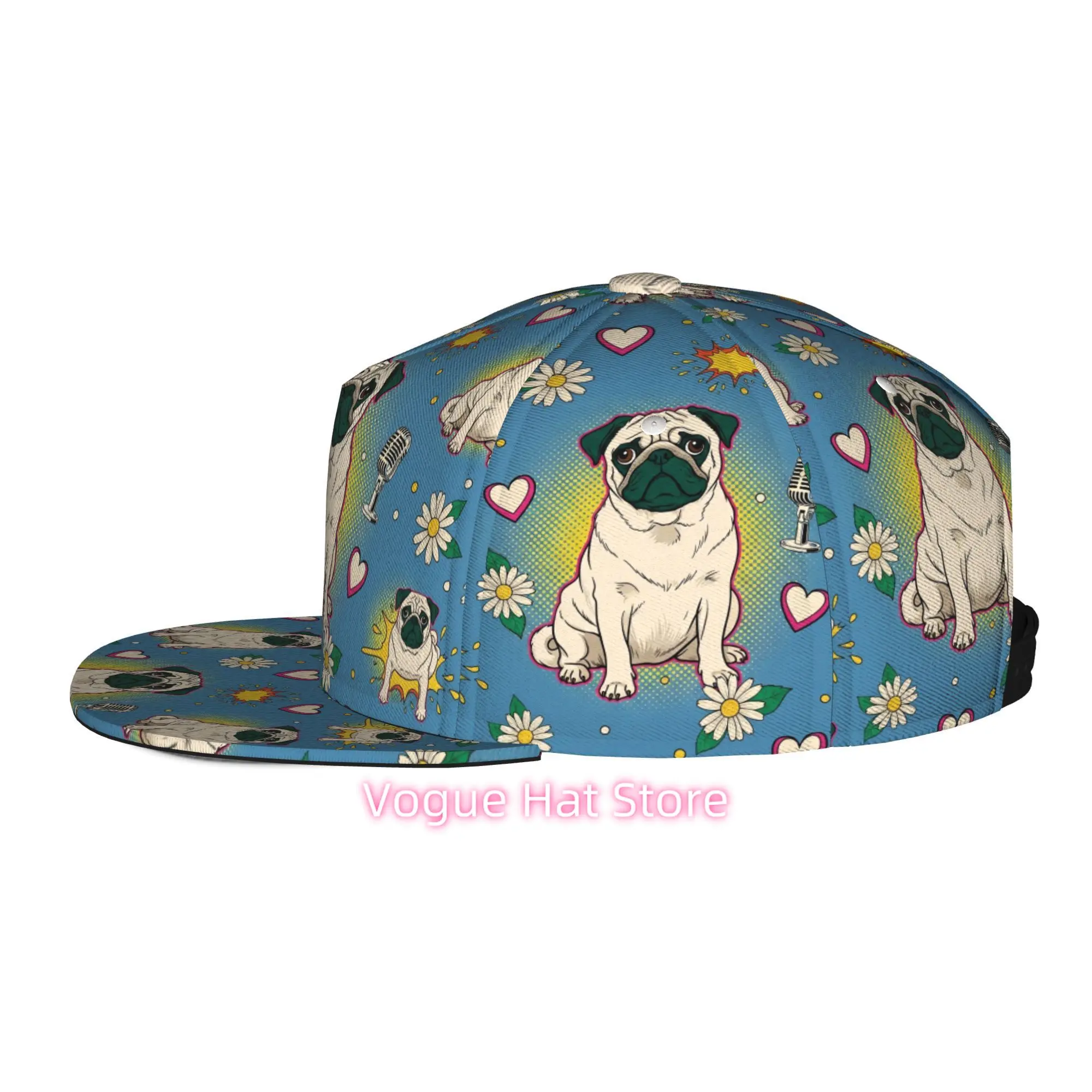 Men'S And Women'S Baseball Cap, Pop Art Pugs with Flowers Adjustable Snap-On Brim, Flat-Top Design - Suitable for Casual Outdoor