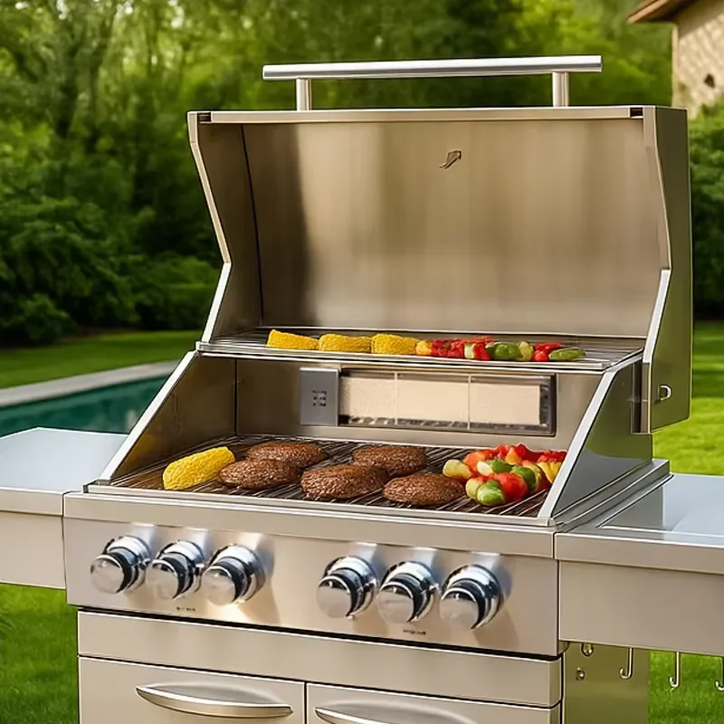 Stainless Steel BBQ Grill 6 Burner Freestanding Outdoor Cabinet Rotisserie Propane Backyard Patio Large Professional
