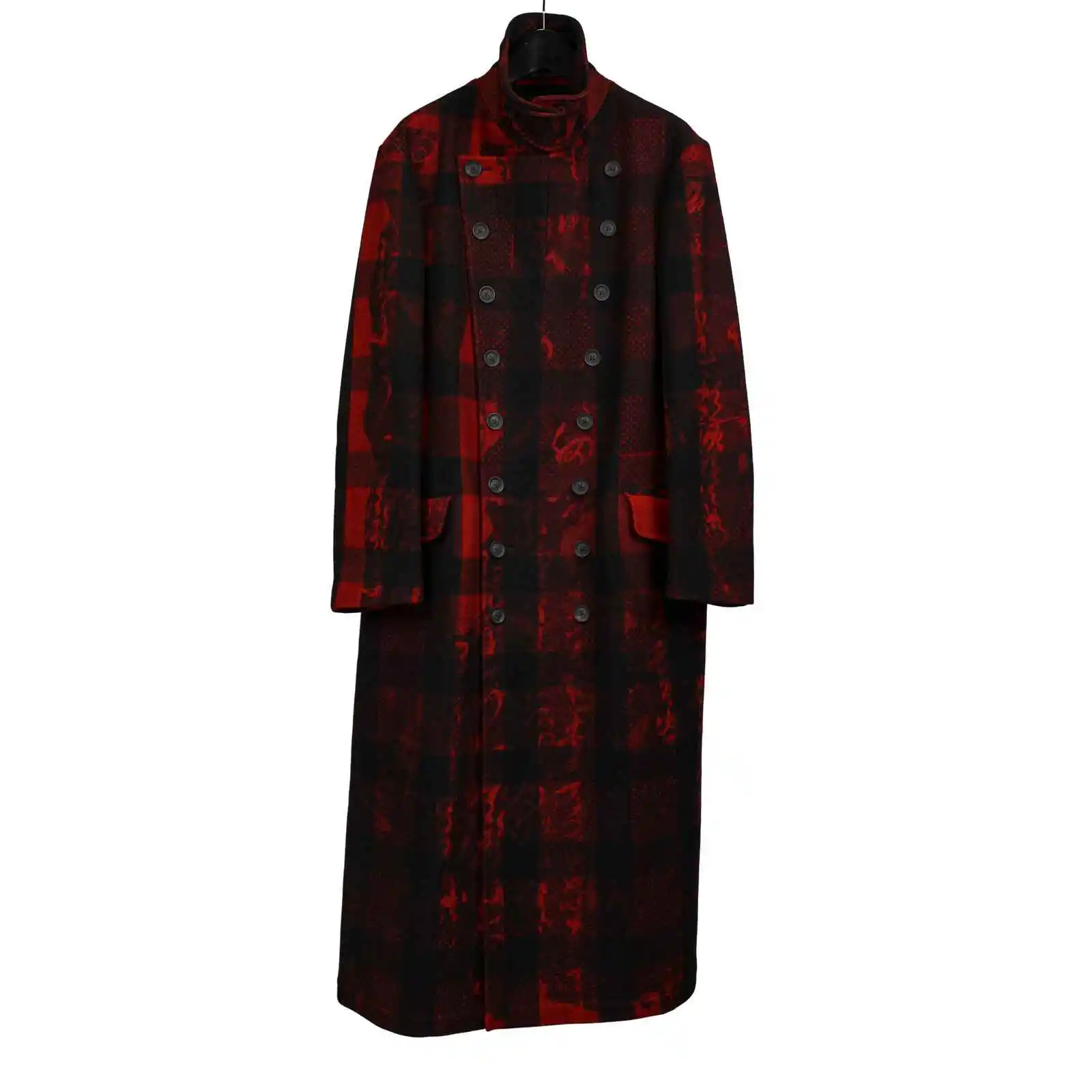 معطف صوفي أصلي من TOP-YAMAMOTO باللون الأحمر، معطف كشمير فضفاض جديد متوسط الطول للرجال لخريف وشتاء