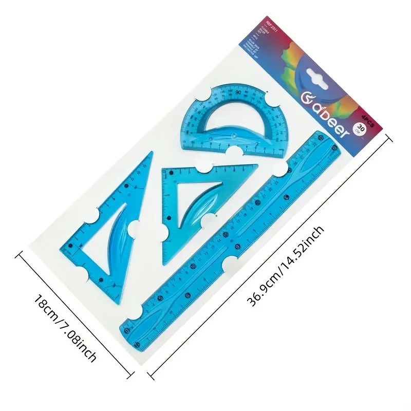 4pcs Colorful Ruler Set - Straight, Protractor & Flexible Ruler for Drawing, School & Office, 20cm/30cm, Craft Supplies