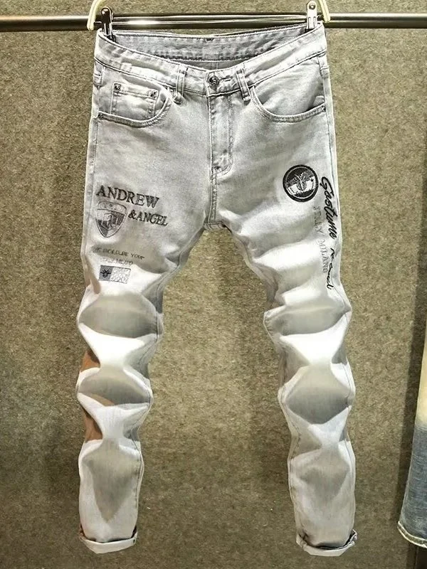 

Trendy ey Embroidered Slim Fit Men's Jeans Casual Versatile Autumn Spring Wear Comfortable Wear Resistant hine Waed
