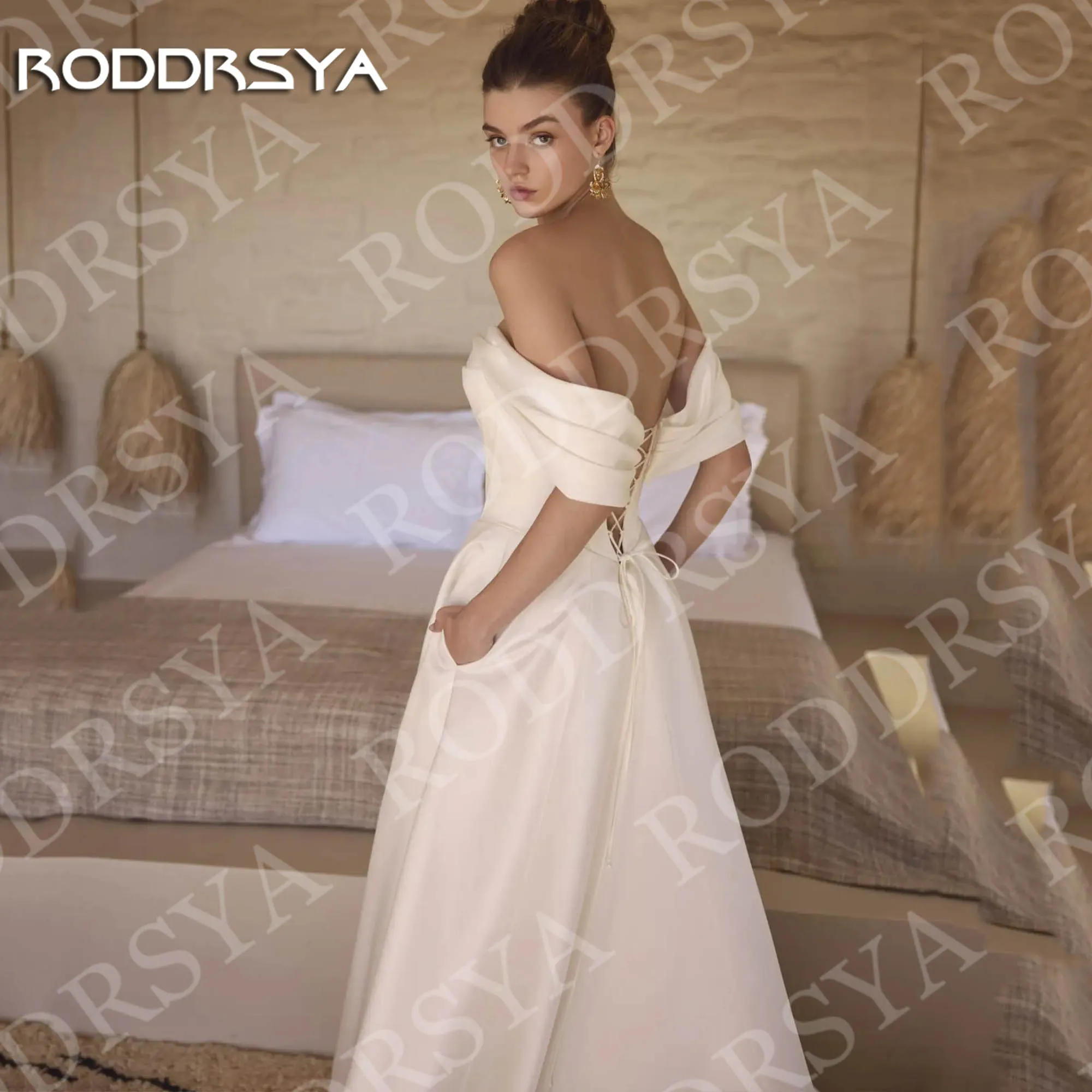 فستان زفاف RODDRSYA للشاطئ مفتوح الظهر من الساتان بسيط بدون أكتاف على شكل حرف A فساتين زفاف برقبة على شكل قلب مخصصة مع جيوب شاطئ مفتوح ظهر فستان الزفاف الساتين بسيطة قبالة الكتف خط فساتين العروس حبيبي الرقبة مخصصة مع ج