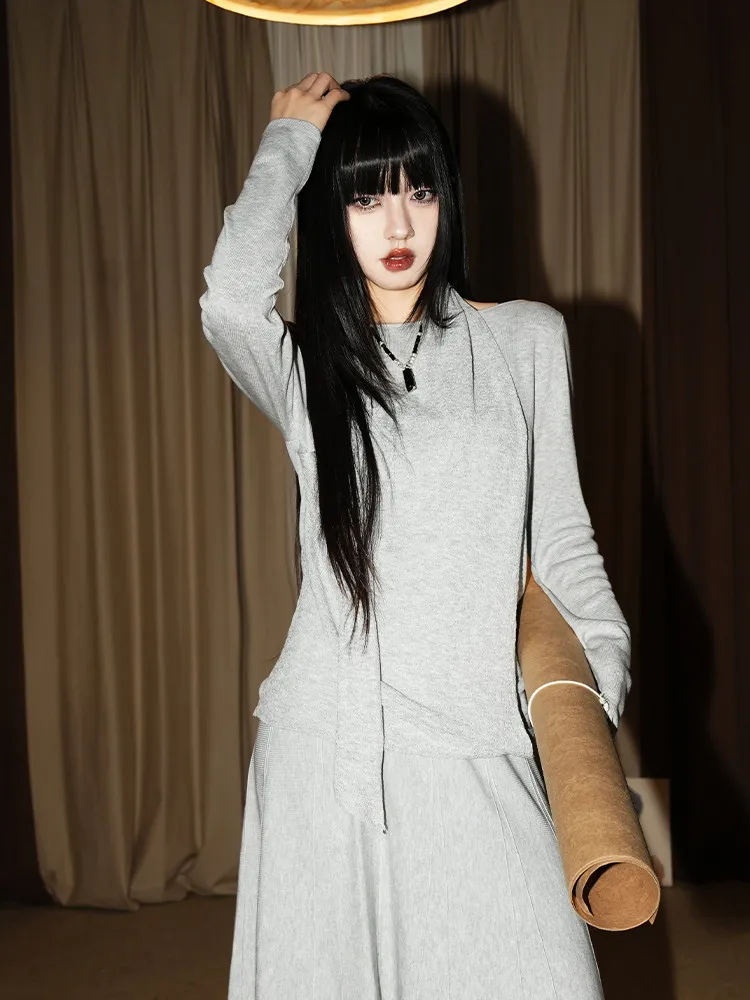 

New Spring Design Sense Sa Splicing Top Casual Loose Fit Medium Softn Long Sve Knitted Women's Faion Daily Wear