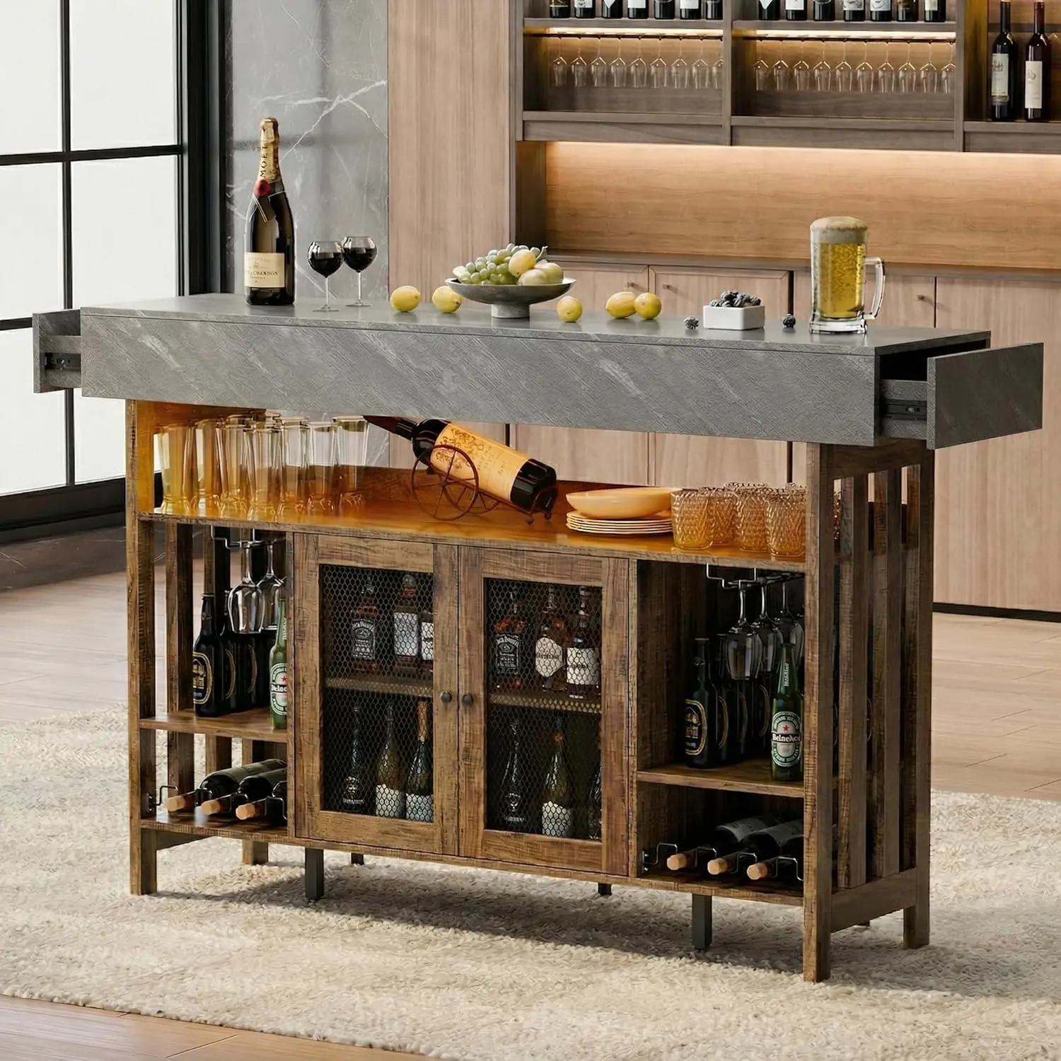 

4-Tier Home Bar Unit, 63-Inch Wooden & Dark Gray Marble Bar Cabinet, LED Liquor Bars Station with Footrest, Wine Rack, Cabinet D