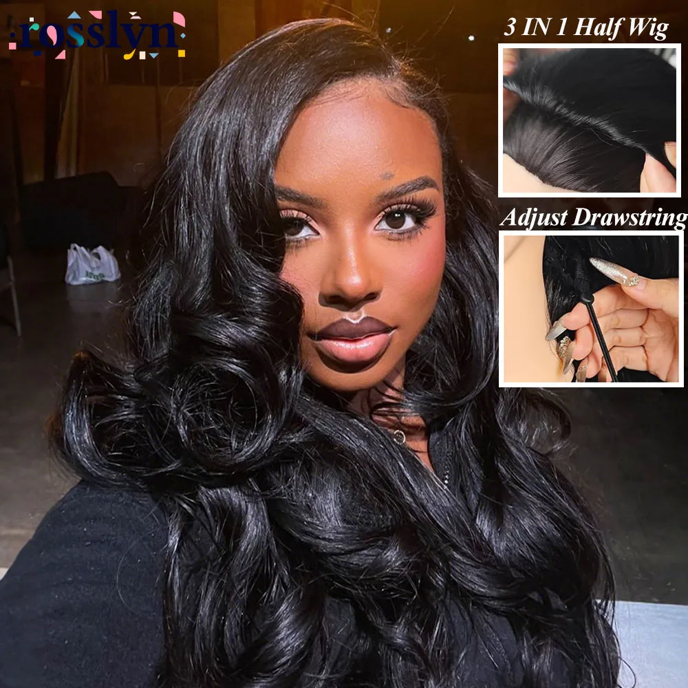 3 IN 1 Half Wigs Human Hair Upgrade Seamless Clip Ins Flip Over Wig 200% Density Body Wave 3 IN 1 Half Wig With Drawstring Full Machine Made Wig
