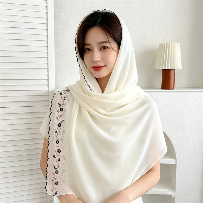 

Elegant Floral Embroidered Chiffon Hijab Long Shawl High Quality Muslim Women Headscarf Islamic Head Wrap Turban Turbante Mujer