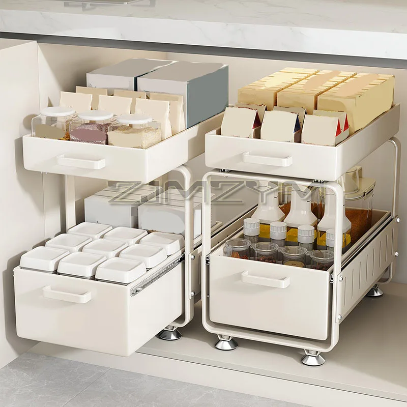 2 Layer Pull-out Storage Rack Sliding Seasoning Bottle Holder Kitchen Dish Countertop Cabinet Under Sink Organizer With Wheels