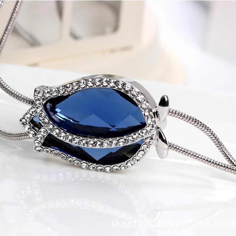 Korean Fashion Charm Blue Crystal Zircon Necklace for Women Bridal Wedding Crystal Pendant Necklace Jewelry Collares Para Mujer