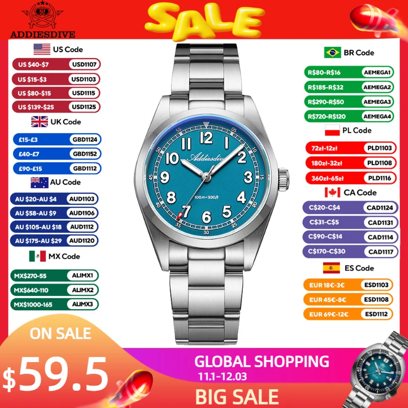 ADDIESDIVE 36mm Luxury Quartz Wristwatch Top Brand Sapphire Glass Luminous 100m Waterproof Watch Stainless Steel New Men Watches