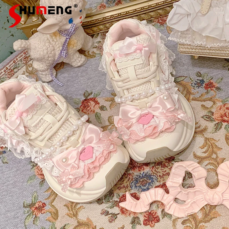 

Japanese Original Lace Bowknot Pearl Ribbon Cute Sweet Mesh Shoes Thick-Soled Dad Shoes Height-Increasing Casual Sneakers Ladies