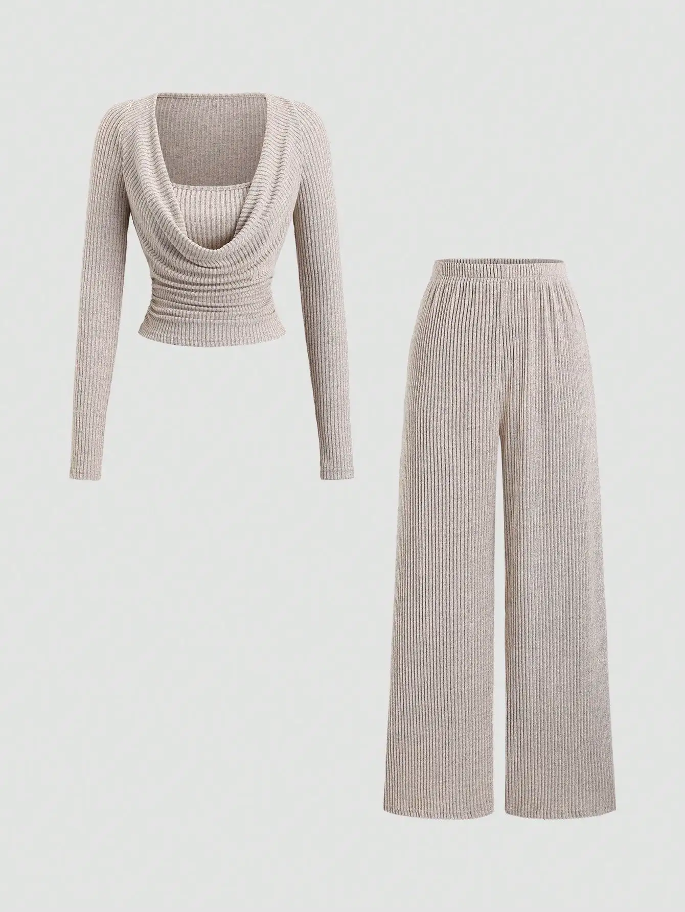 

Женский комплект из двух предметов в рубчик: укороченный топ с воротником-хомутом и брюки с широкими штанинами, нейтральные оттенки, осень-зима