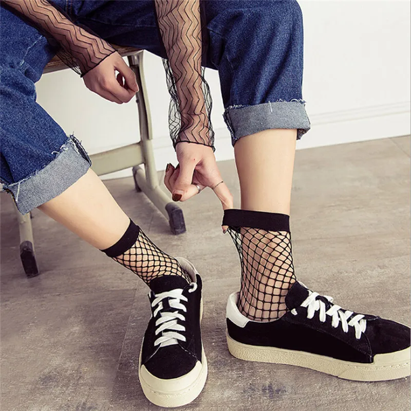 Women Black Fishnet Ankle High Socks Lady Mesh Lace Fish Net Short Socks