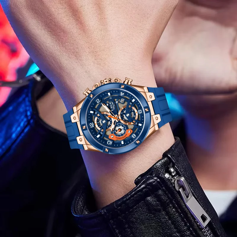 LIGE ファッション高級腕時計シンプルなダイヤル中空クラシックカジュアルスポーツトップブランド防水自動日付シリコーンクォーツマン腕時計