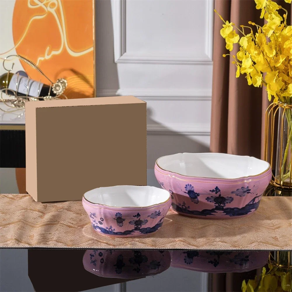 Creative Household Porcelain Bowl Set Size Bowl Handmade Kitchen Supplies Flower Printing Bowl Gift Box 7in 10in Pink Curry Blue