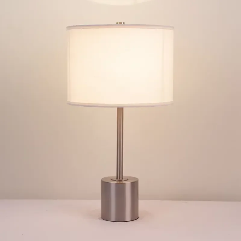 Metal Night Stand Bedside Table Lamps for Bedroom with Drum Fabric Shade Satin Nickel Finish Simple and Elegant for Hotels