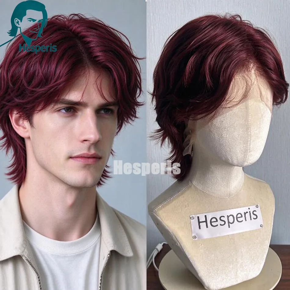 Hesperis Burgundy Wolf Cut Mullet Wig for Men Full Lace Human Hair Wigs Natural Wavy Short Wig Casual Daily Wear Wig for Men