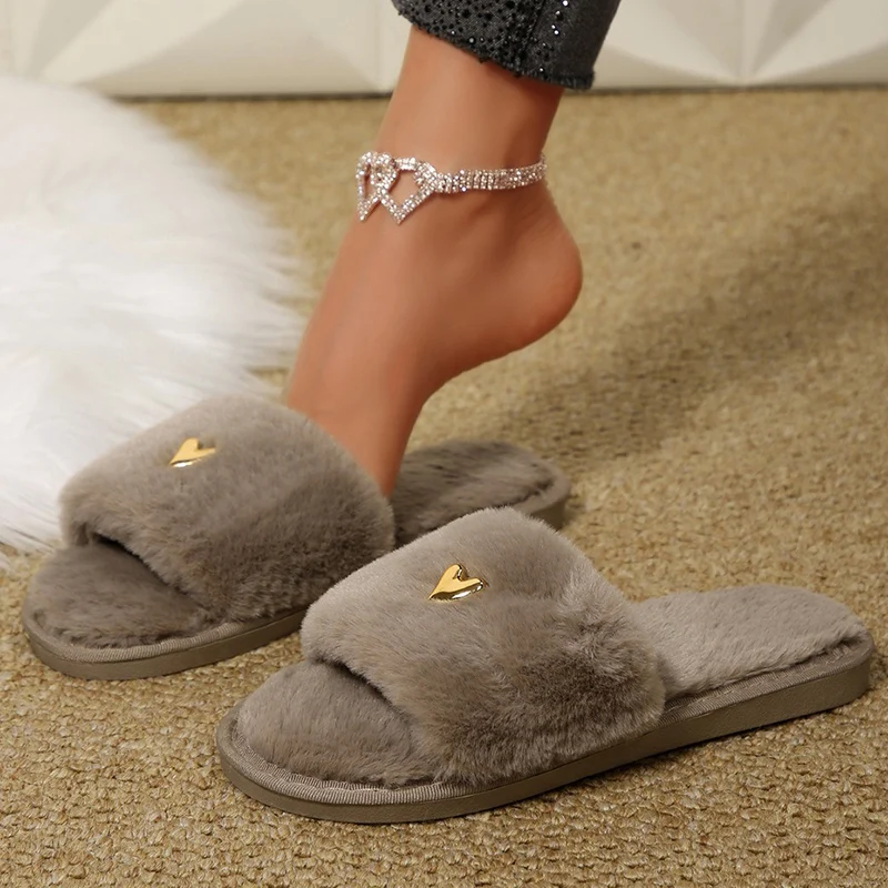 Autumn Winter Fluffy Fuzzy Slippers Women Comfortable Non Slip Flat Heel Home Floor Slides Woman Open Toe Warm Plush Slippers image 2