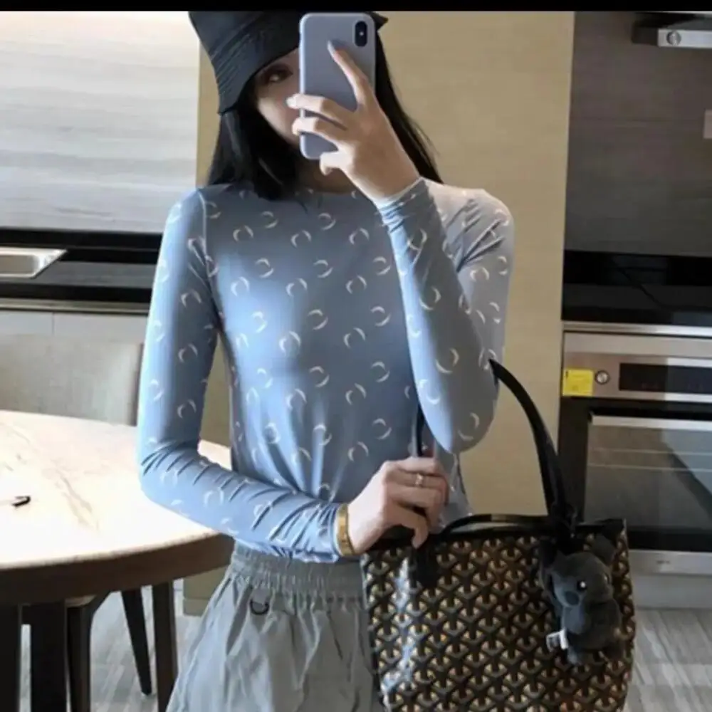 

Korean Tshirt Women Long Sleeve Retro Casual Ins Color Blocked Round Neck Ice Silk Printed Sunscreen Thin Fit Versatile Top