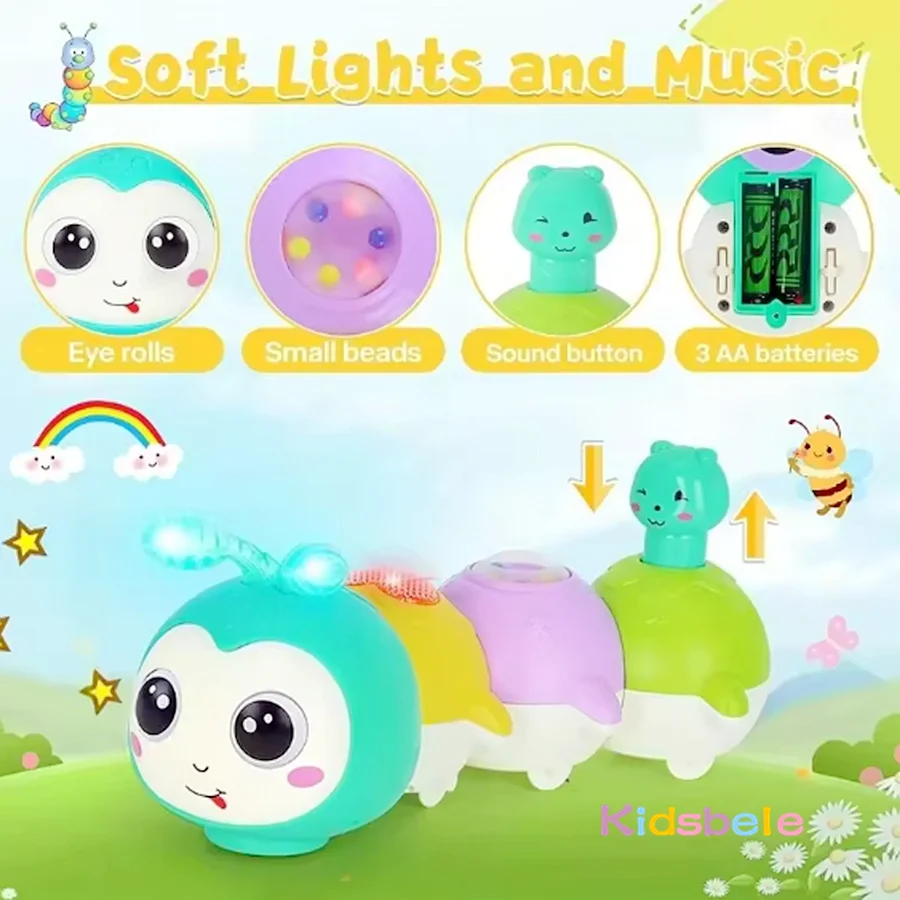 Giocattolo strisciante Caterpillar per bambini Giocattolo elettrico per animali domestici con luce e musica per regalo di compleanno di Natale infantile