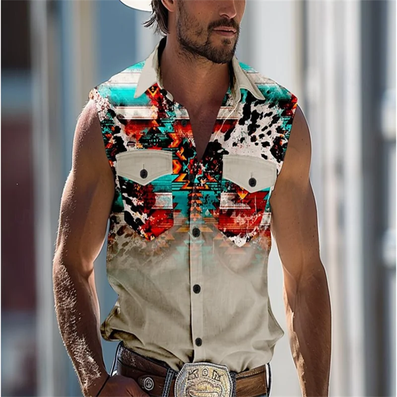 Camisa sin mangas de secado rápido para hombre, estampado 3D, botón de fiesta, viento étnico, vacaciones en la playa, tendencia de moda, novedad de verano