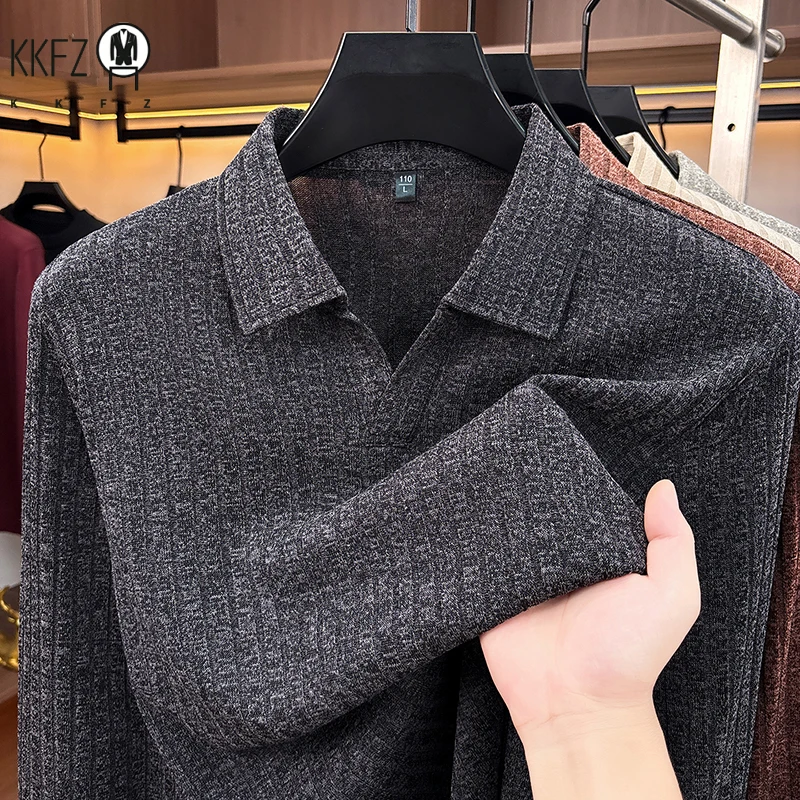 Men Casual Office Knit Polo Long Sleeve V Notch Collar Vertical Rib Texture Loose Comfort Pullover Shirt