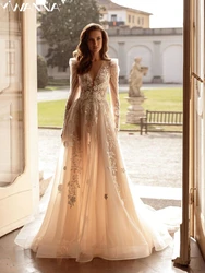 Sexy Backless Illusion Wedding Dress Classic Lace Appliques Bride Robe Romantic Puff Sleeve Bridal Gown Robe De Mariée