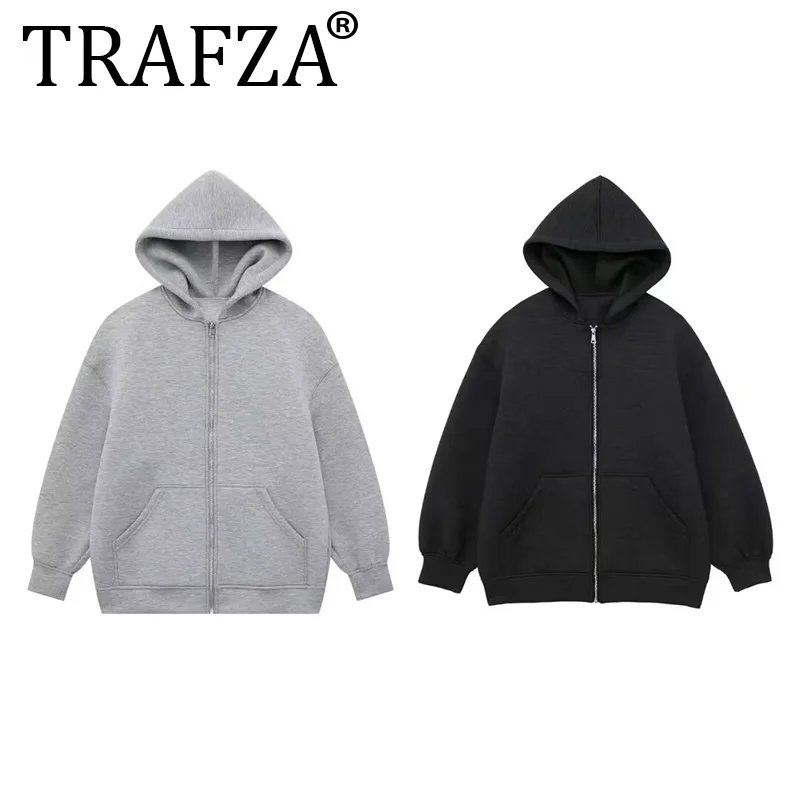 

TRAFZA Women's Autumn New Versatile Zipper Cardigan Hooded Jacket Female Long Space Cotton Loose Casual Sweatshirt Jacket Mujer