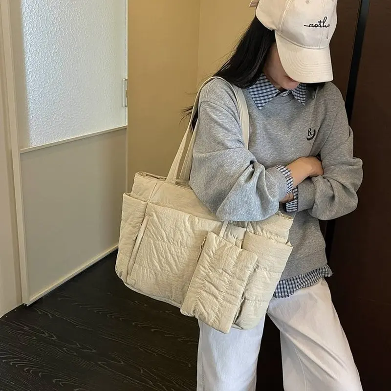 Women Pink Puffer Tote Bag With Detachable Mini Pouch Quilted Shoulder Purse Large Capacity Lightweight Daily Commuter Handbag view 2