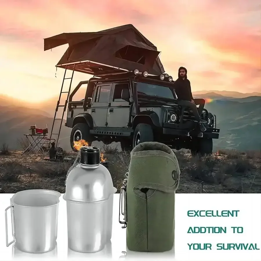 Portable Aluminum Water Bottle Canteen Cup Set for Outdoor Sport Camping Hiking Travel with Cover and Cup, Easy to Store