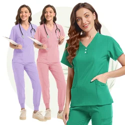 Uniforme Set Geschrobde Top Met Korte Mouwen En Zakbroek Medisch Verpleegkundige Uniform Arts Chirurgische Overalls Spa Jas Schoonheidssalon