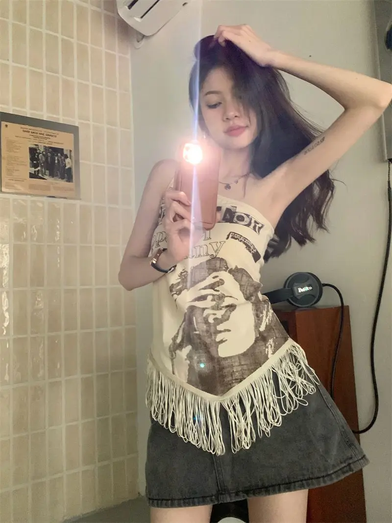 2026 Gothic Rebel Women Retro American Printed Bottom Tassel Design Slanted Shoulder Sleeveless Top Women
