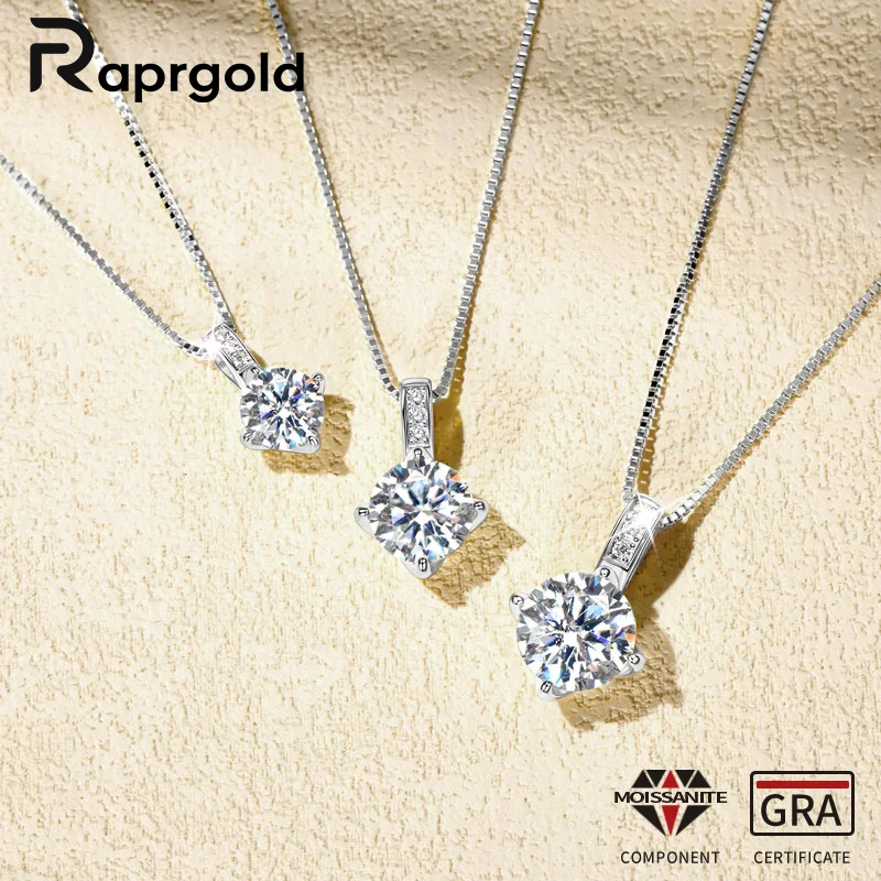 

RAPRGOLD Sparkling D Color Moissanite Solitaire Pendant Necklaces for Women 925 Sterling Silver Box Chains Wedding Jewelry Gifts