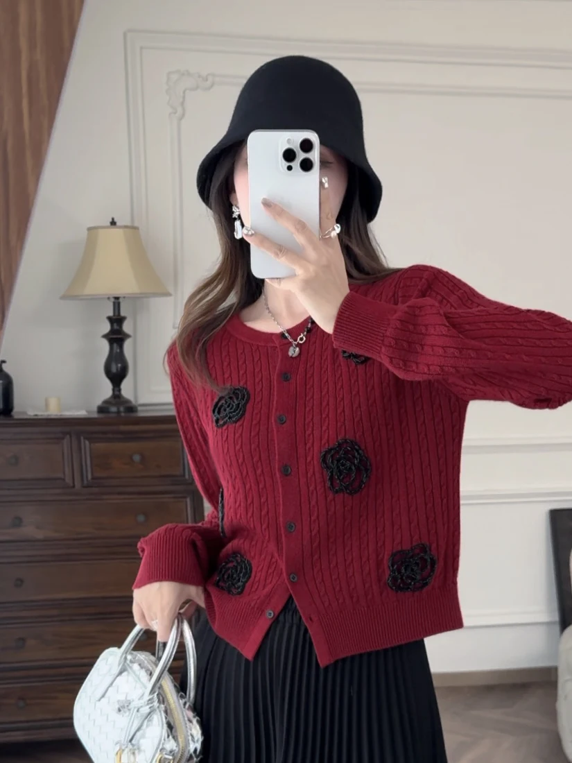 

Красный вязаный кардиган ручной работы с цветочной текстурой Zhang ei Rose Waltz Design Loose Fit Korean Sle Long Sve round Ne