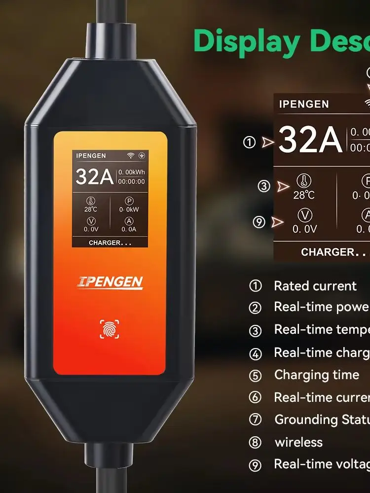 IPENGEN 7kW 32A Typ2 Tragbares EV-Ladegerät Einphasig CEE-Stecker EV-Ladekabel APP-Steuerung 5M Kabel Tragbares EVSE Elektroauto-Ladegerät