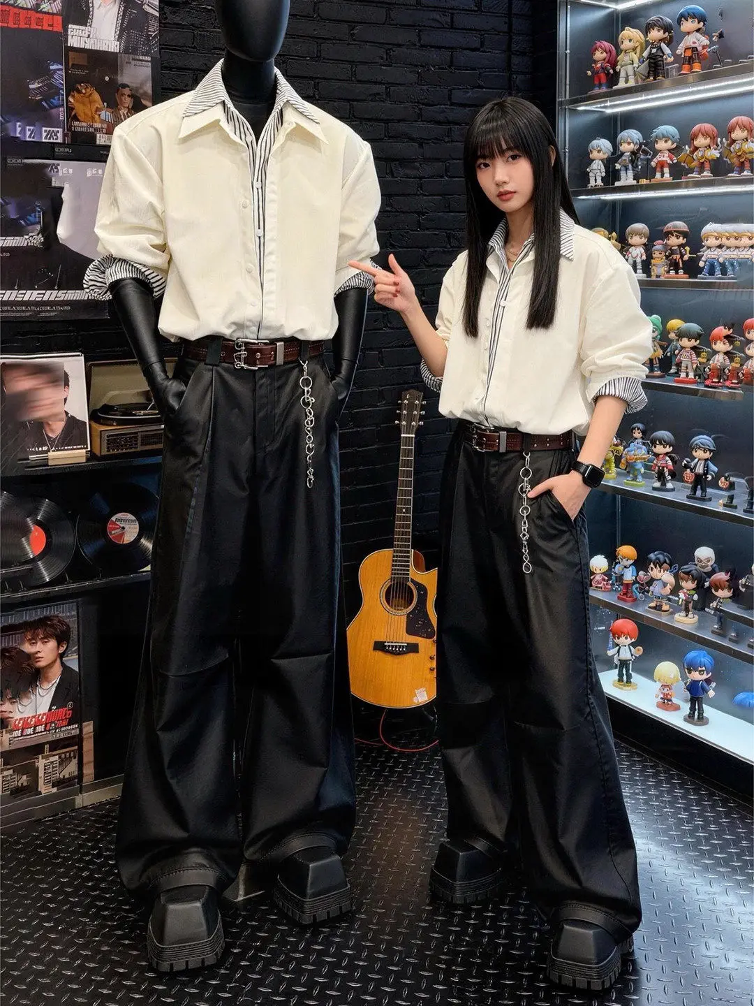 

Men's Double Layer Collar irt Set Korean Sle Spring Faion Motorcycle Stripes Long Pants Casual Long Sve Spring Set