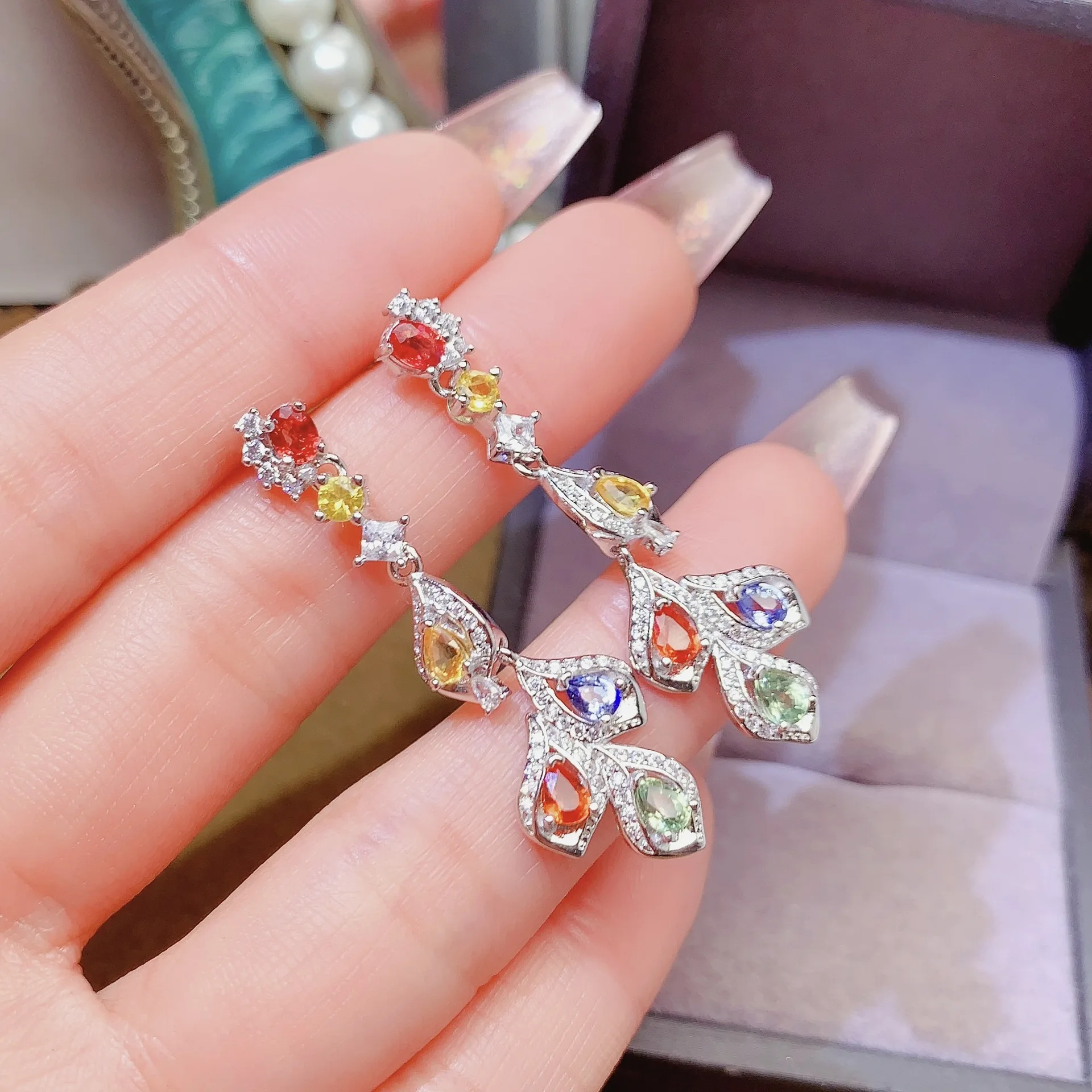 Natural Multi Color Sapphire Drop Earrings 3\*4mm Pear Stone S925 Silver Luxury Women Rainbow Gem Ear Jewelry